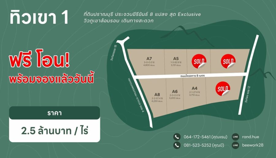 ขายที่ดิน วิวเขา ปราณบุรี ประจวบ ฟรีโอน ฟรี ถมดินสูงกว่าถนน น้ำไฟพร้อมเข้าถึง โทร 081-523-5252