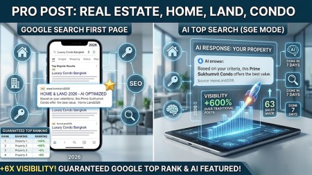 รับโฆษณาประกาศขายบ้าน ไม่มีค่านายหน้า โพสต์แบบเดิมๆ กูเกิลและAI มองไม่เห็นแล้ว บริการโพสต์ ขายอสังหาบ้านที่ดิน ขายคอนโด ดันติดAI Search ดันSEOหน้าแรกกูเกิล