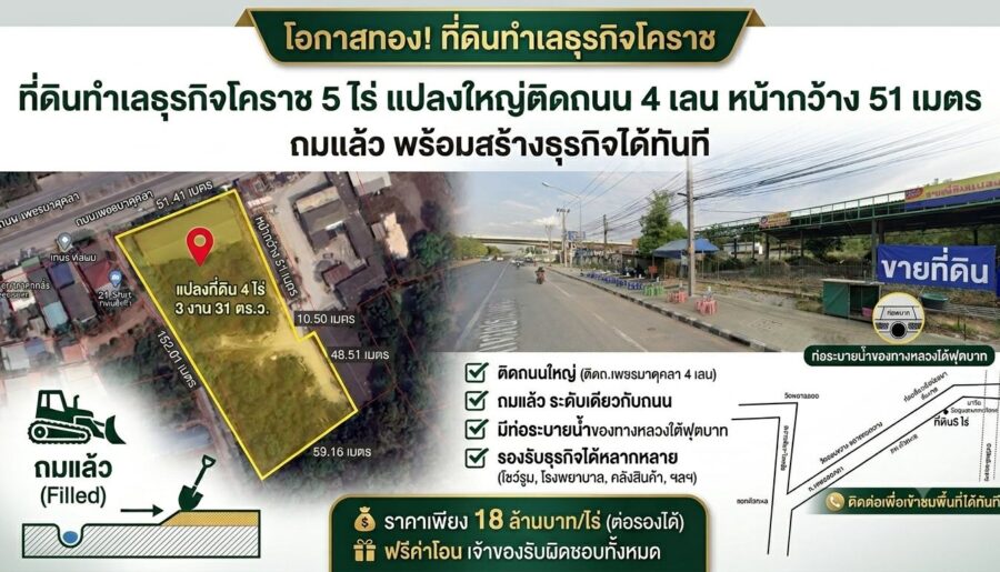 ที่ดินทำเลธุรกิจโคราช 5 ไร่ แปลงใหญ่ติดถนน 4 เลน หน้ากว้าง 51 เมตร ถมแล้ว พร้อมสร้างธุรกิจได้ทันที