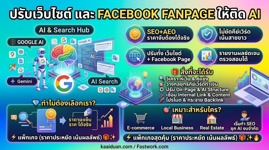 ประกาศ รับจ้าง ติดAISearch ปรับโครงสร้างเว็บและแฟนเพจ ให้ติดGoogle 2026 แต่งเว็บ&ปรับแฟนเพจ